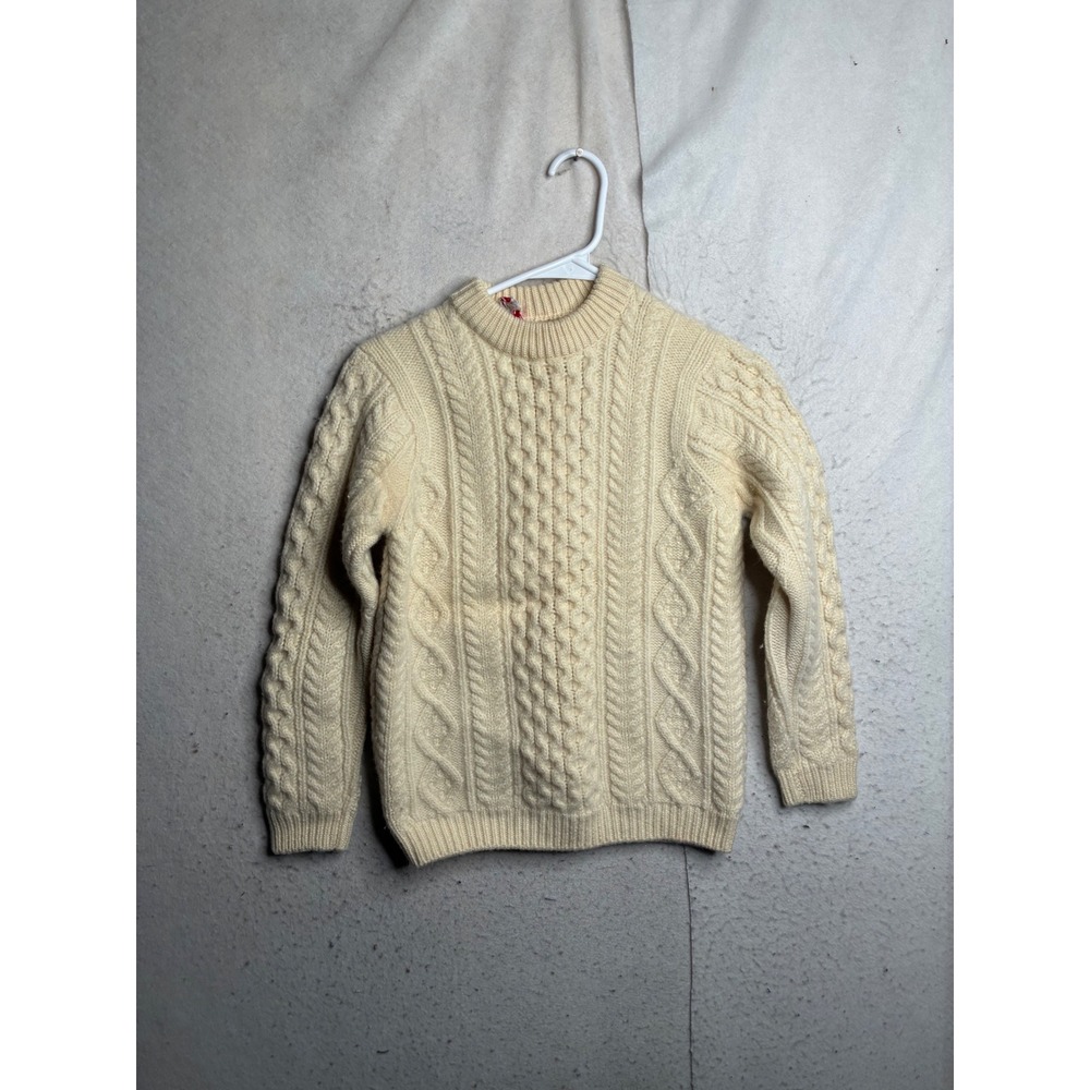 Vintage Tally-Ho Cable Knit Wool Sweater Ivory Crewneck Hand Loomed Hong Kong